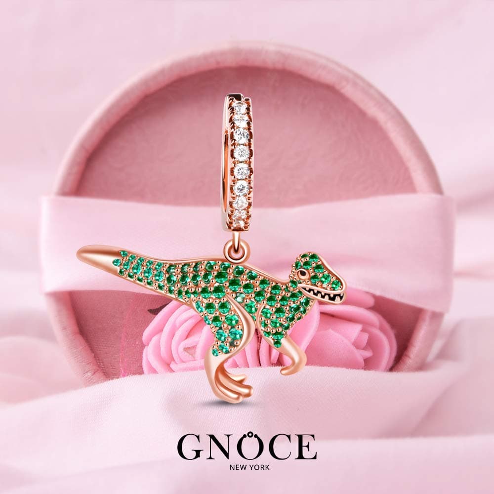 GNOCE "Prehistoric Glamour" S925 Sterling Silver 18k Rose Gold Plated Dinosaur Earrings with Full Green CZ Stones Cute Little Dinosaur Stud Earrings for Women Party Jewelry Gift