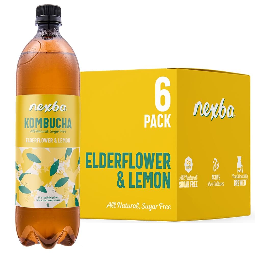 Nexba Elderflower & Lemon Kombucha 1 L (Pack of 6) – All Natural, Sugar Free & Healthy Floral & Citrusy Tonic