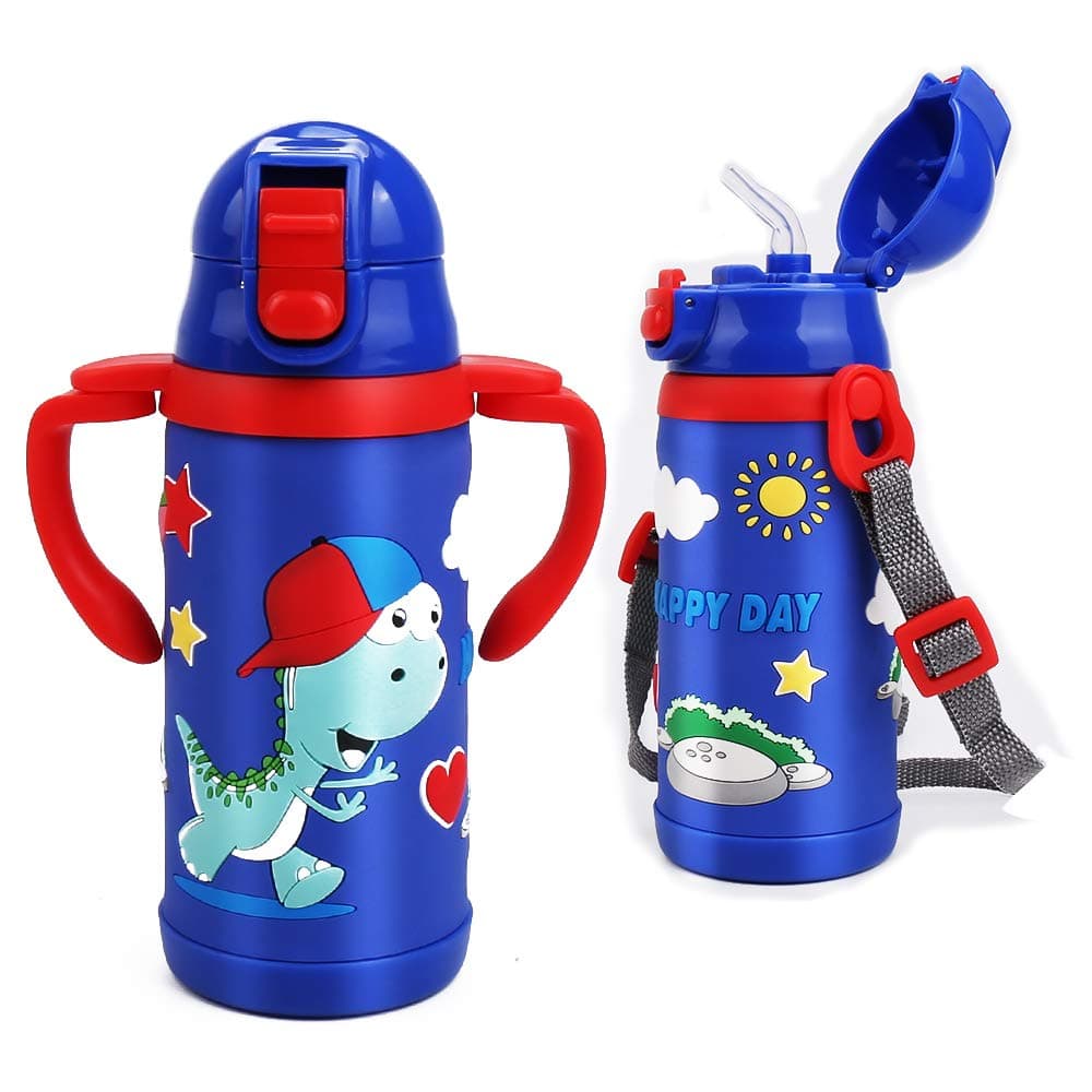 Kids Water Bottle With Straw Dinosaur Thermoses Stainless Steel Insulated Vacuum Cup BPA Free Spillproof Thermal Water Cup For Boys School Lunch - With Handle And Shoulder Strap -12oz, Blue