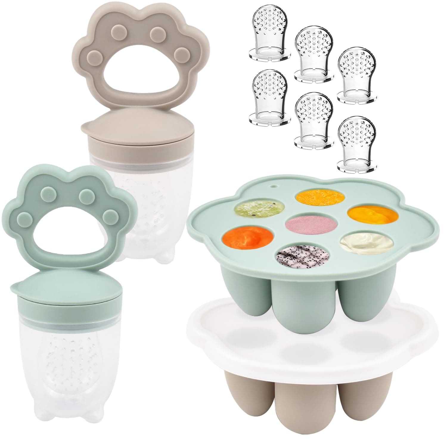 Ginbear Silicone Baby Fruit Food Feeder & Freezer Tray (Set of 2), Infant Teething Feeder Pacifiers with Baby Popsicle Molds Combo 4 Months+ (Hazy Green/Almond)