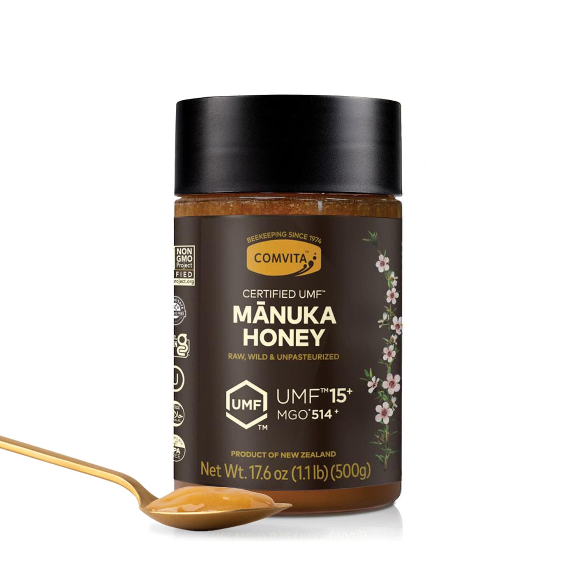 Comvita Manuka Honey UMF 15+ (MGO 514+) - Raw Manuka Honey New Zealand, Pure & Unpasteurized, Superfood for Immune Health, Use in Tea, Wild, Monofloral, Non-GMO - 500g (17.6 oz)