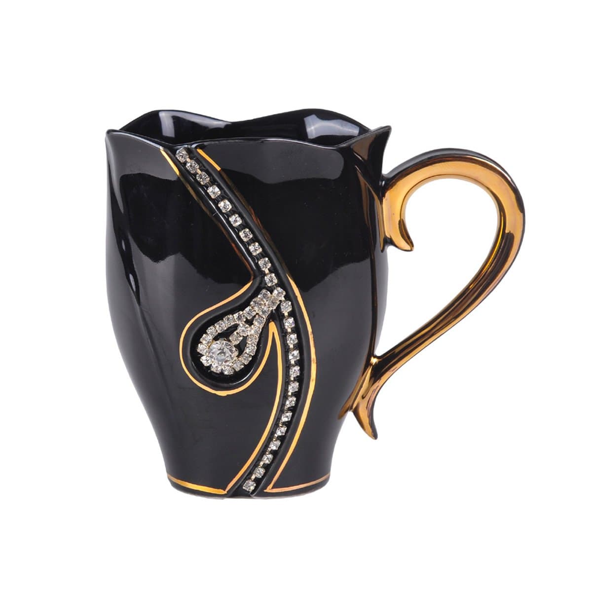 Rhinestone Coffee Mug Ceramic Water Cup for Office and Home Unique Coffee Cup Pretty Ceramic Coffee Mugs with Spoon for Women(Black)