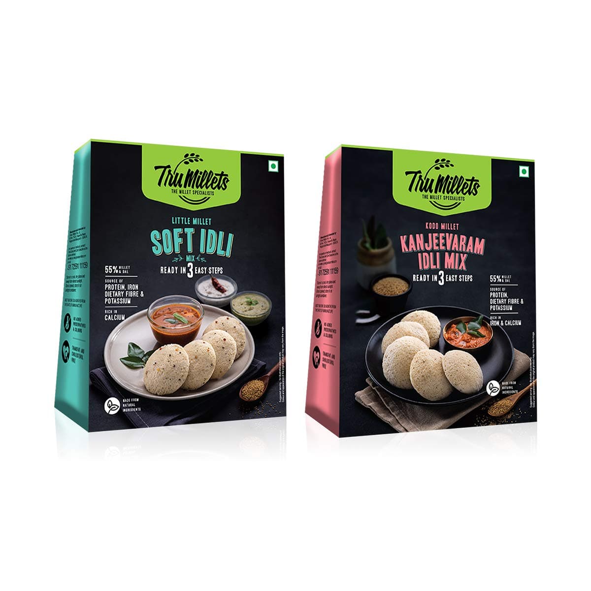Trumillets Ready to Cook Kanjeevaram & Soft Idli Mix, 250g Each (Pack of 4) | No Rice Added | Kodo & Little Millet, Gluten-Free, Vegan, High Protein, No Preservatives