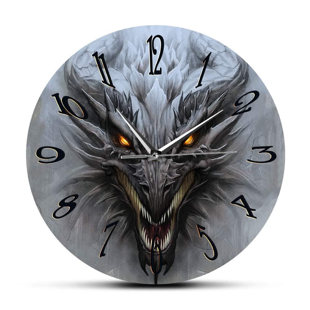 Wall Clock Dragon Wall Art Fantasy Scenery Modern Wall Clock Mythology Monster Dragon Head Silent Clock Wall Watch Home Art Interior Decor 12 inch Round Clock