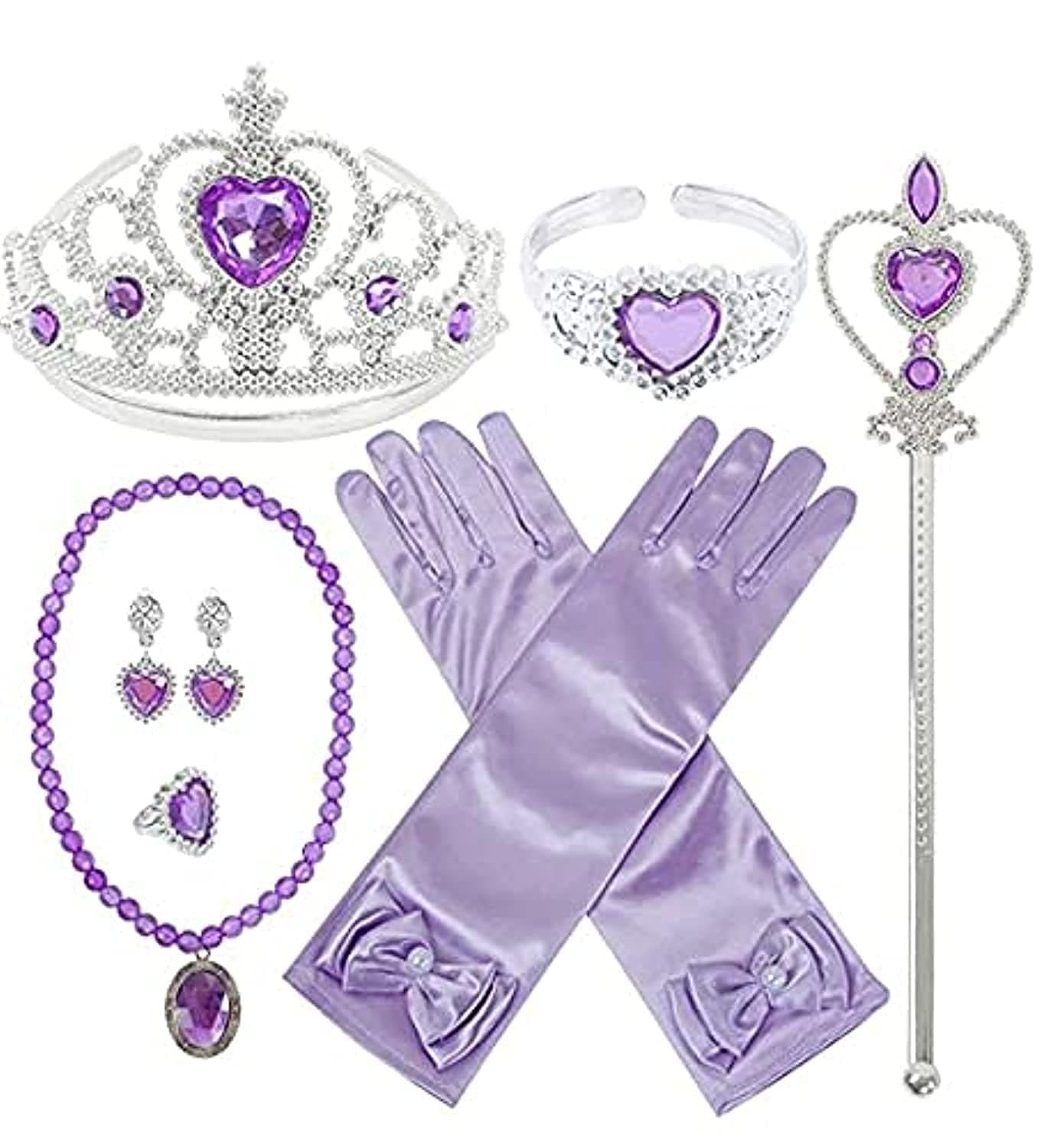 9PCS Princess Dress Up Accessories for Princess Costume Gloves Tiara Wand Necklace Earrings Bracelet and Ring Gift Set Princess Accessories for girls