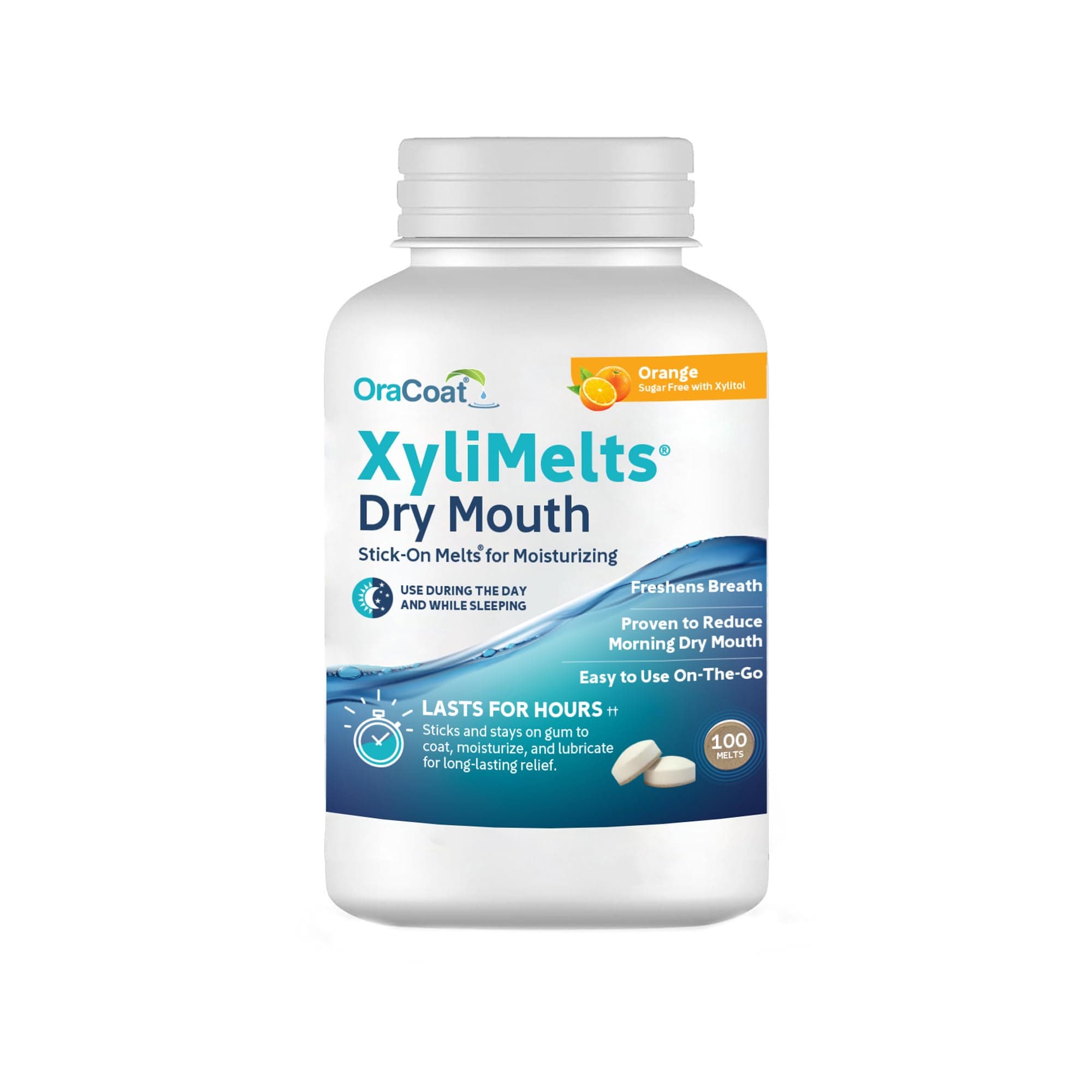XyliMelts Dry Mouth Relief Moisturizing Stick-On Melts Orange with Xylitol, For Dry Mouth, Stimulates Saliva, Non-Acidic, Day and Night Use, Time Release for up to 8 Hours, 100 Count