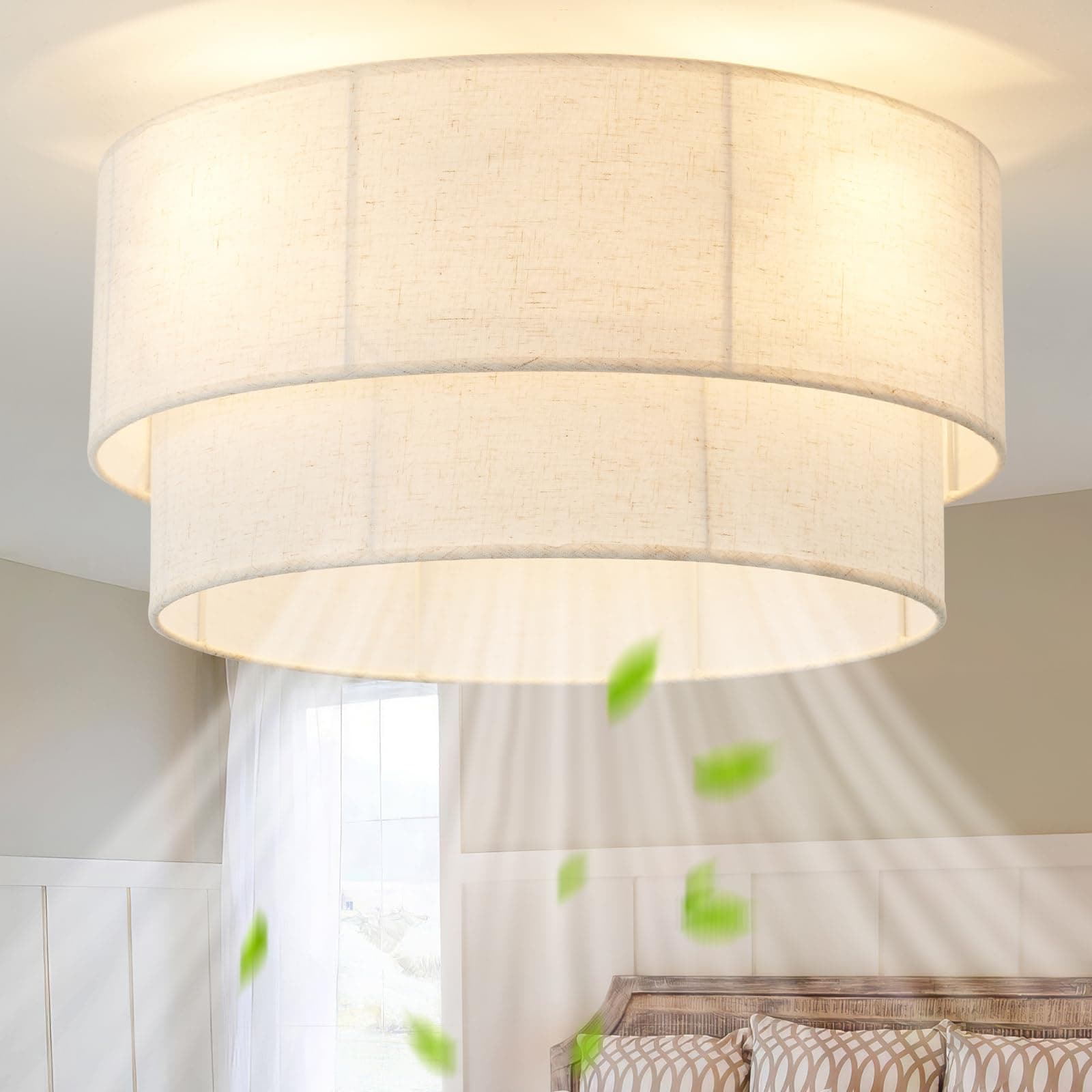 Ceiling Fan with Lights Flush Mount, 20" Low Profile Boho Ceiling Fan with Light Remote Control, Bladeless Rattan 6 Speeds for Bedroom, Living Room, Nursery