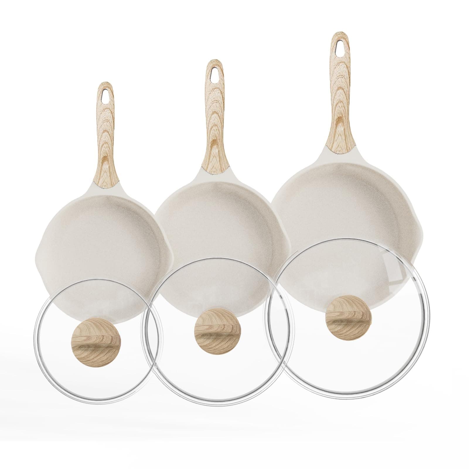 JEETEE Nonstick Frying Pans Set with Lid, Skillets Set 6 Pcs, 8" 9.5" 11" Granite Non-Stick Frying pan, Cookware Set with Bakelite Handle, Suitable All Stovetops (Gas, Electric & Induction), Beige