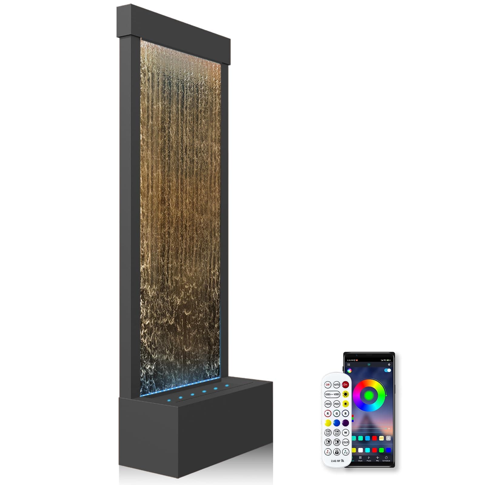Indoor Water Fountain Mirror Waterfall Fountain with APP Controlled Multicolor LED Light, Floor Standing Fountains Kit, 48" Home Decor Large Freestanding Water Feature Waterfalls - Black Brown