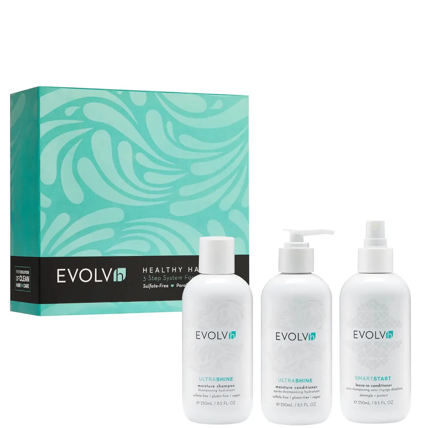EVOLVh - Natural Healthy Hair Trio | UltraShine Moisture Shampoo, Daily Conditioner + Leave-In Conditioner | Vegan, Non-Toxic, Clean Hair Care (8.5 fl oz | 250 mL) Packaging May Vary