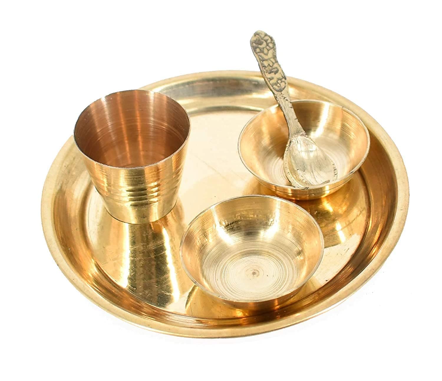 SIYAA ;- Lord krishna's Pooja Bhog Thali/Plate Set for Home Temple Decor In Gold Colour set of 5 pcs (1 pcs pooja plate,1 pcs spoon,2 pcs katori, 1 pcs glass) (JK65HG)