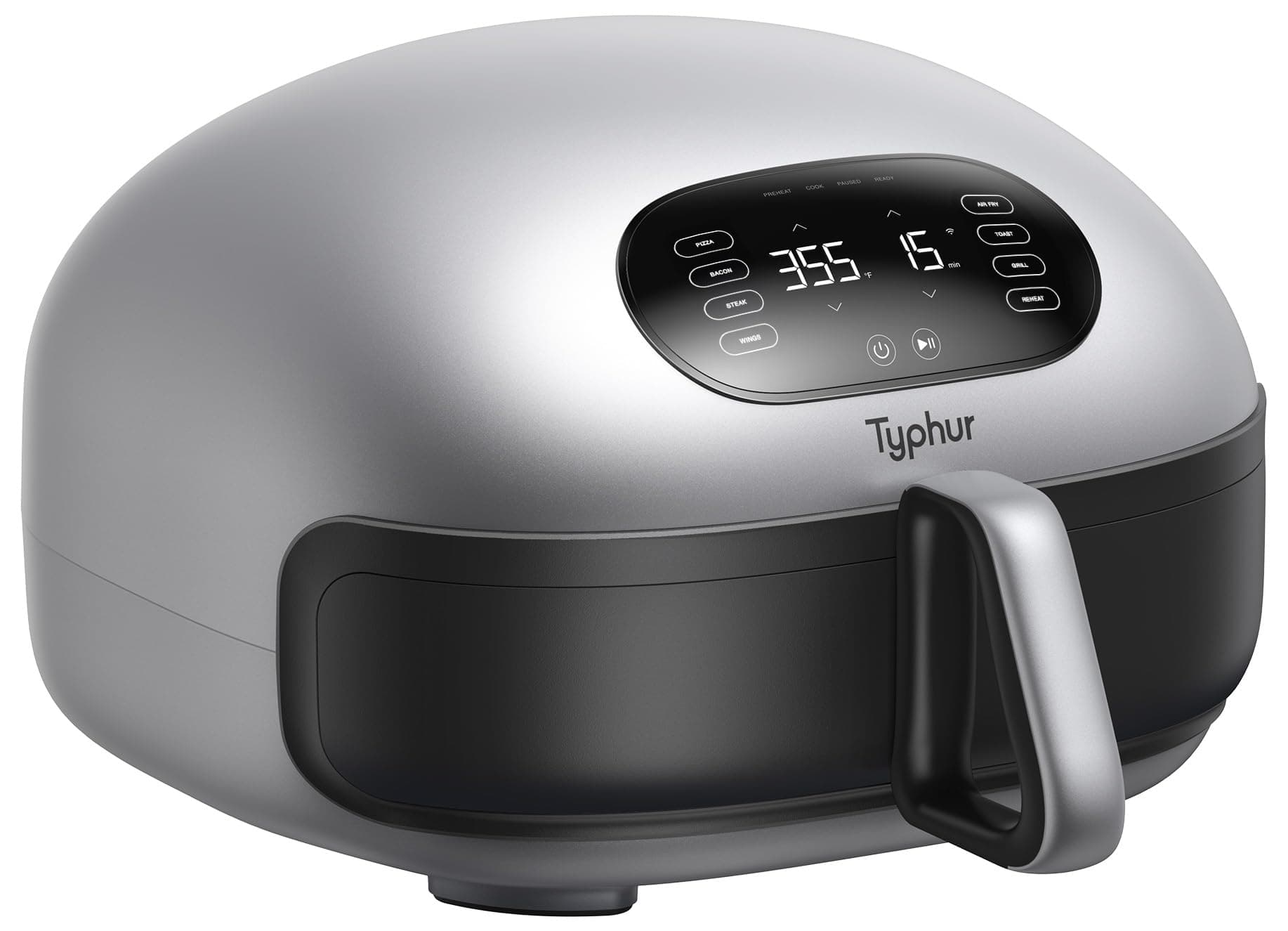 - Typhur Dome 2 AI Smart Air Fryer, Large Flat Airfryer with Top & Bottom Heating, Self-cleaning Digital Fryer, PFAS free Ceramic Basket, Fits a 12" Pizza or Steaks, Whisper-Quiet, 120V