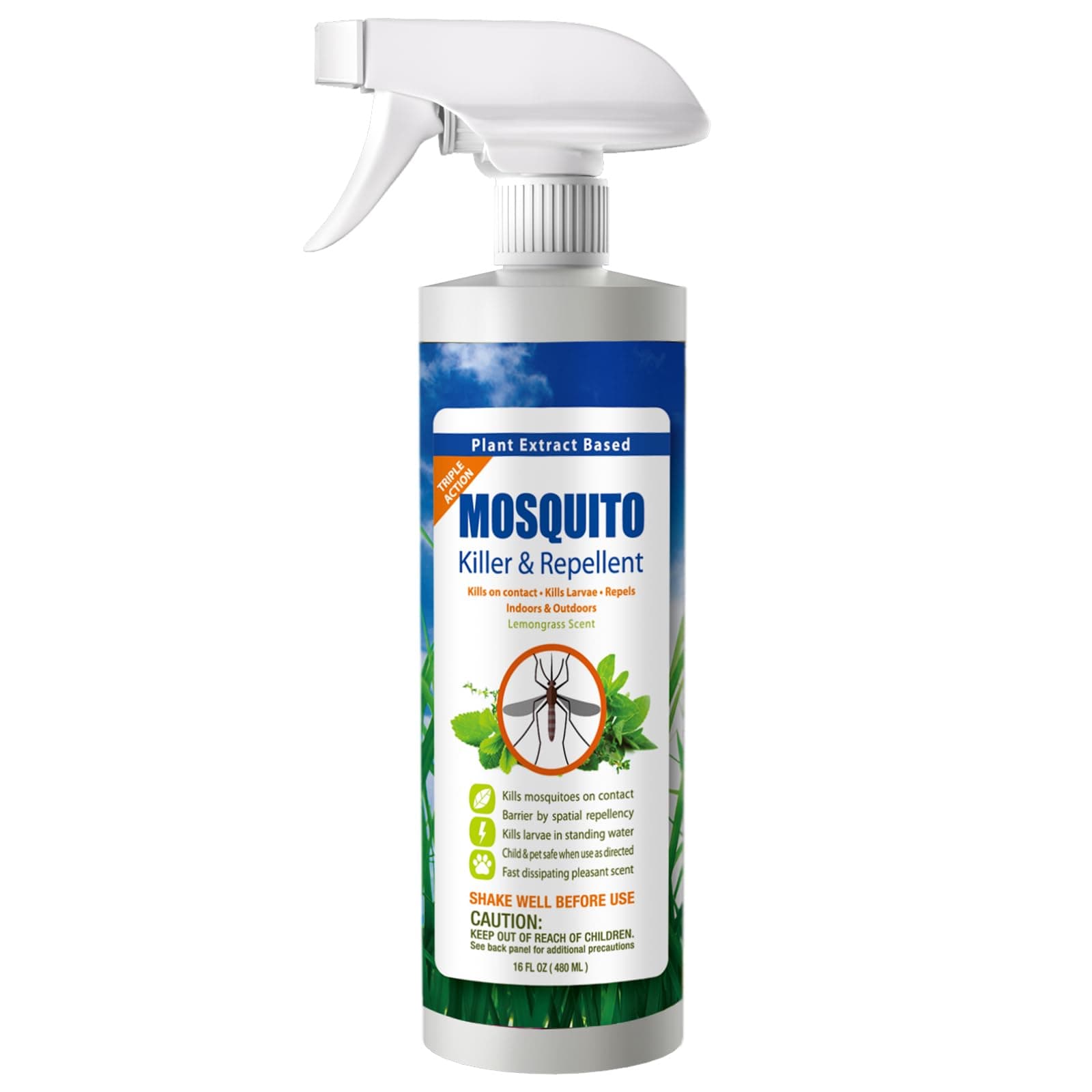 Mosquito Killer by EcoRaider Triple-Action Spray 16 oz, Kills All Stages + Larvae Control + Lasting Repellency, Indoor & Outdoor, Citrus Scent, Non-Toxic Plant Based Formula