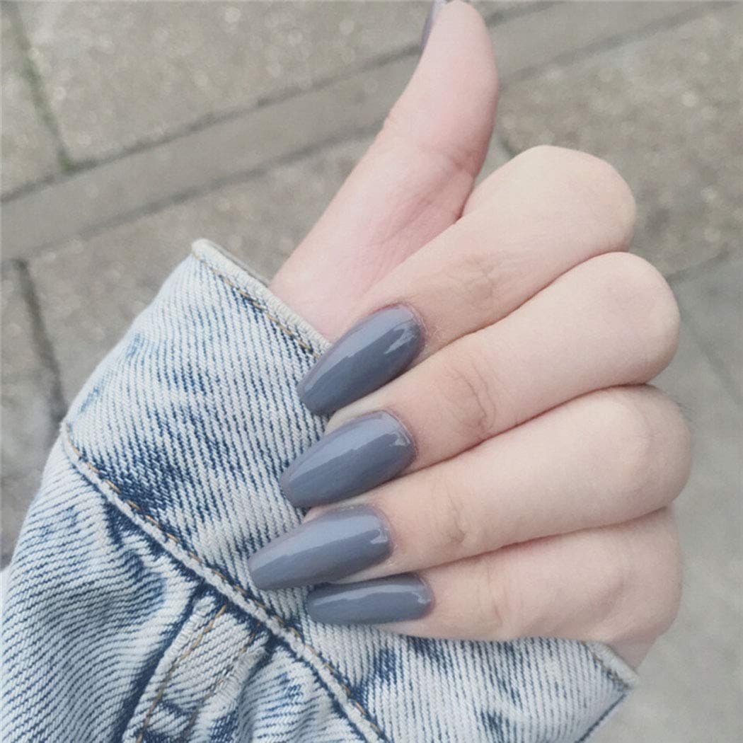 Sethexy 24Pcs Glossy Ballerina Pure Color False Nails Coffin Full Cover Bright Acrylic Art Nail tips For Women and Girls (Blue Grey)