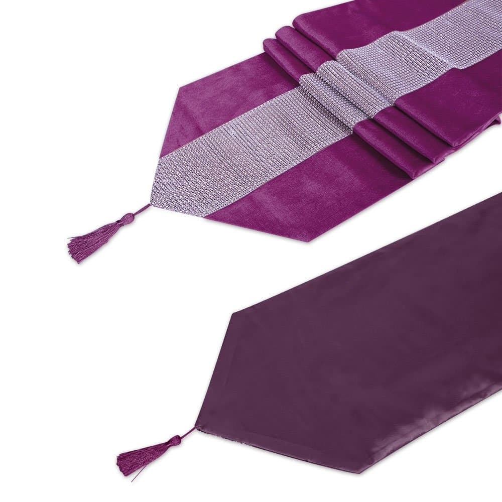 Table Runner Handmade Elegant Style Natural Table Cloth With Diamante Strip And Tassels for Weddings and Holidays 180cm (Purple)