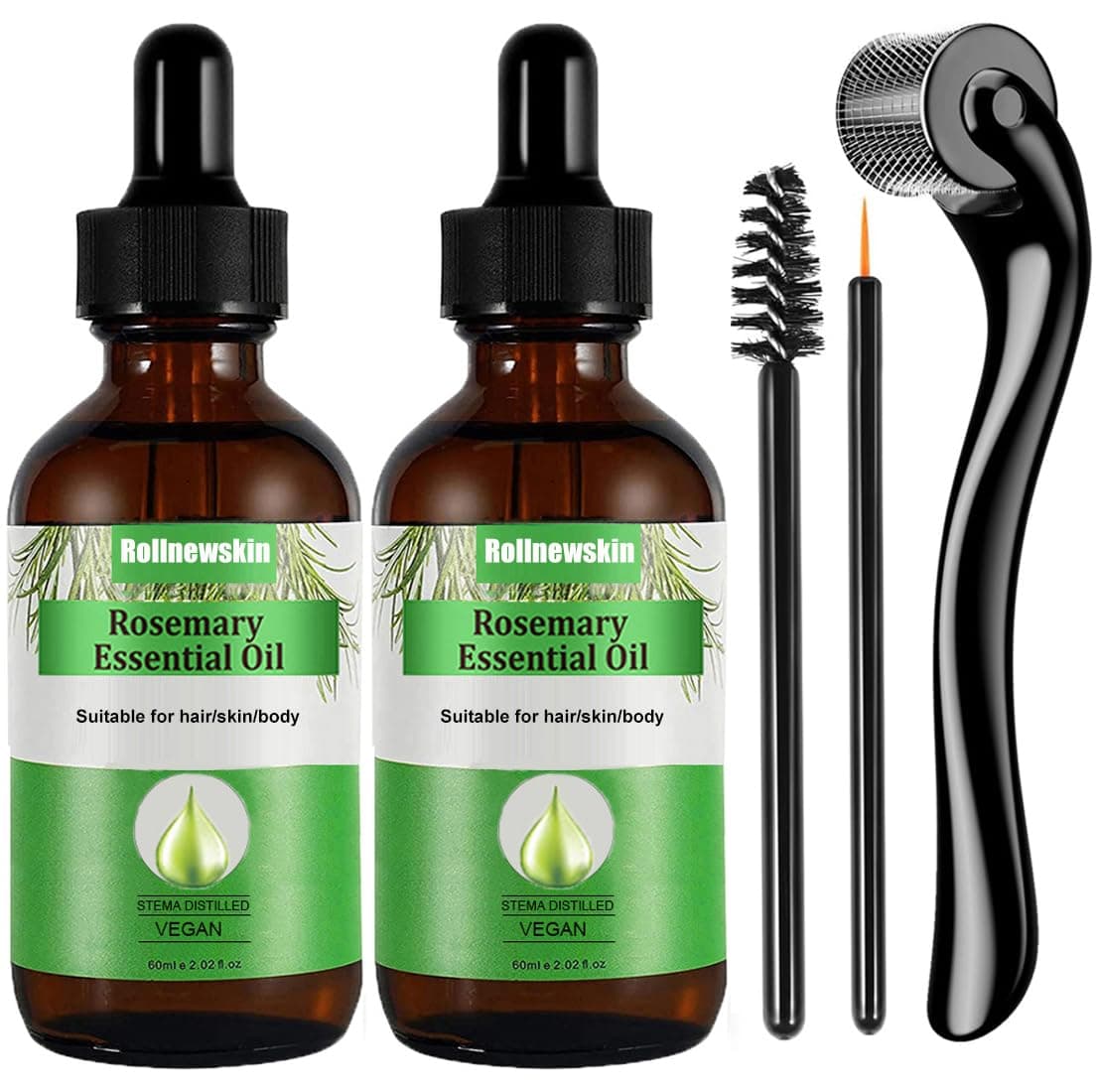 2Pack Rosemary Essential Oil(60ML)+ Derma Roller 0.5mm for Hair, Eyebrow and Eyelash, Skin Care, for Aromatherapy & Diffuser
