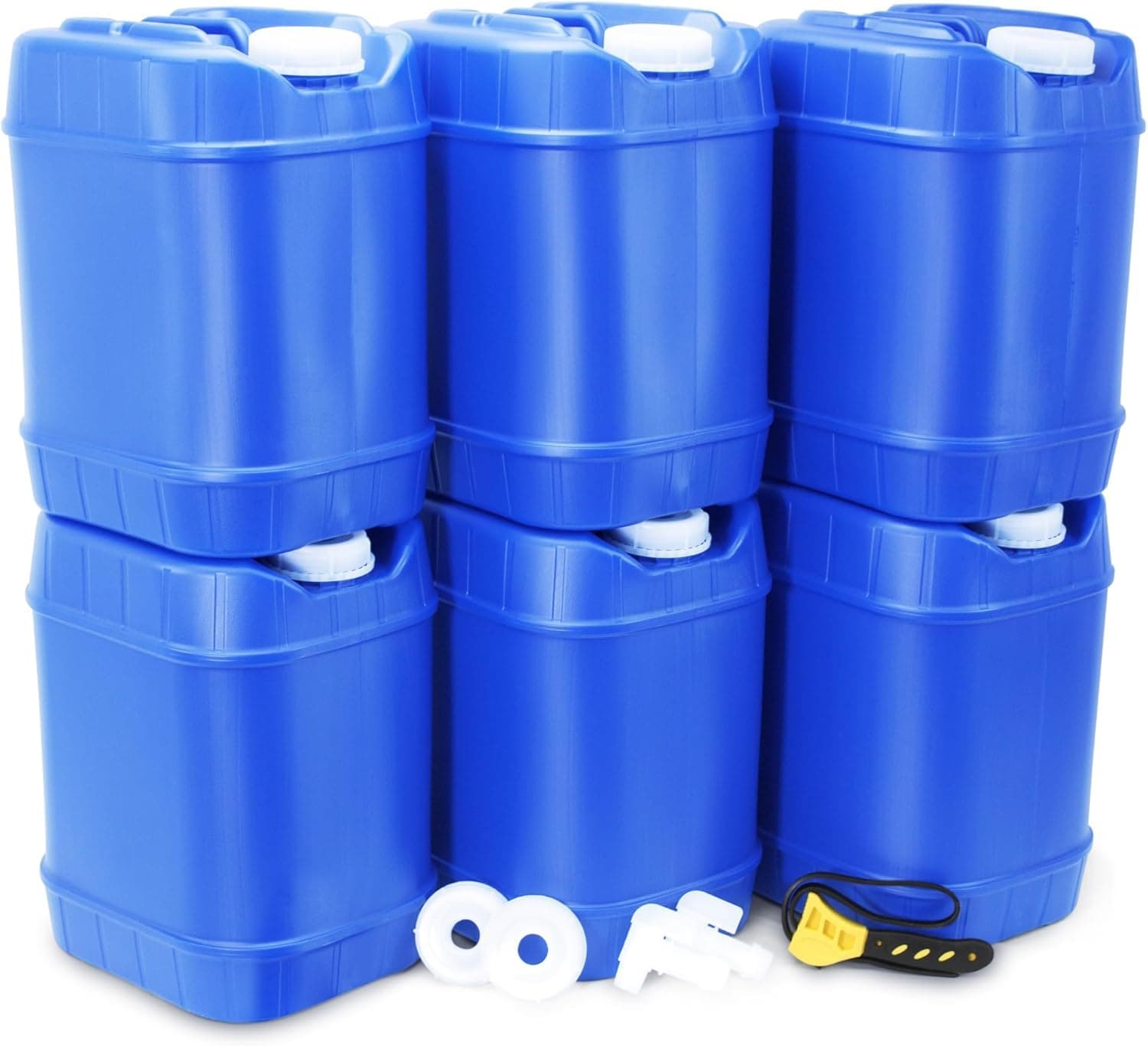 Emergency Water Storage Containers - 5 Gallon Each Water Storage Tank w/Lids + Spigot - Water Storage Container, Emergency Water Container, Survival Storage Tank - Stackable (30 Gallons (6 Tanks))