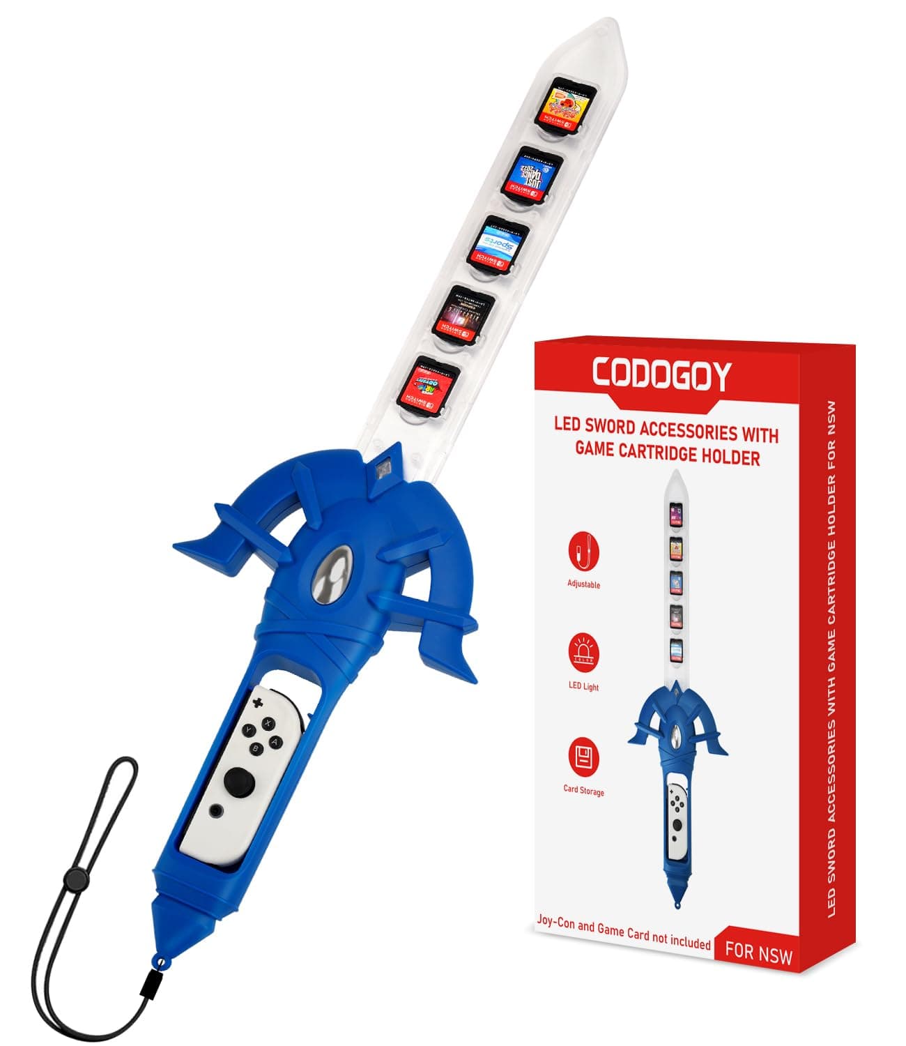 Switch Zelda Sword Accessory, CODOGOY LED Game Accessories Compatible with Switch Sports Chambara (Swordplay)/Legend of Zelda: Tears of the Kingdom/Skyward Sword HD, Game Card Storage Function(1 Pack)