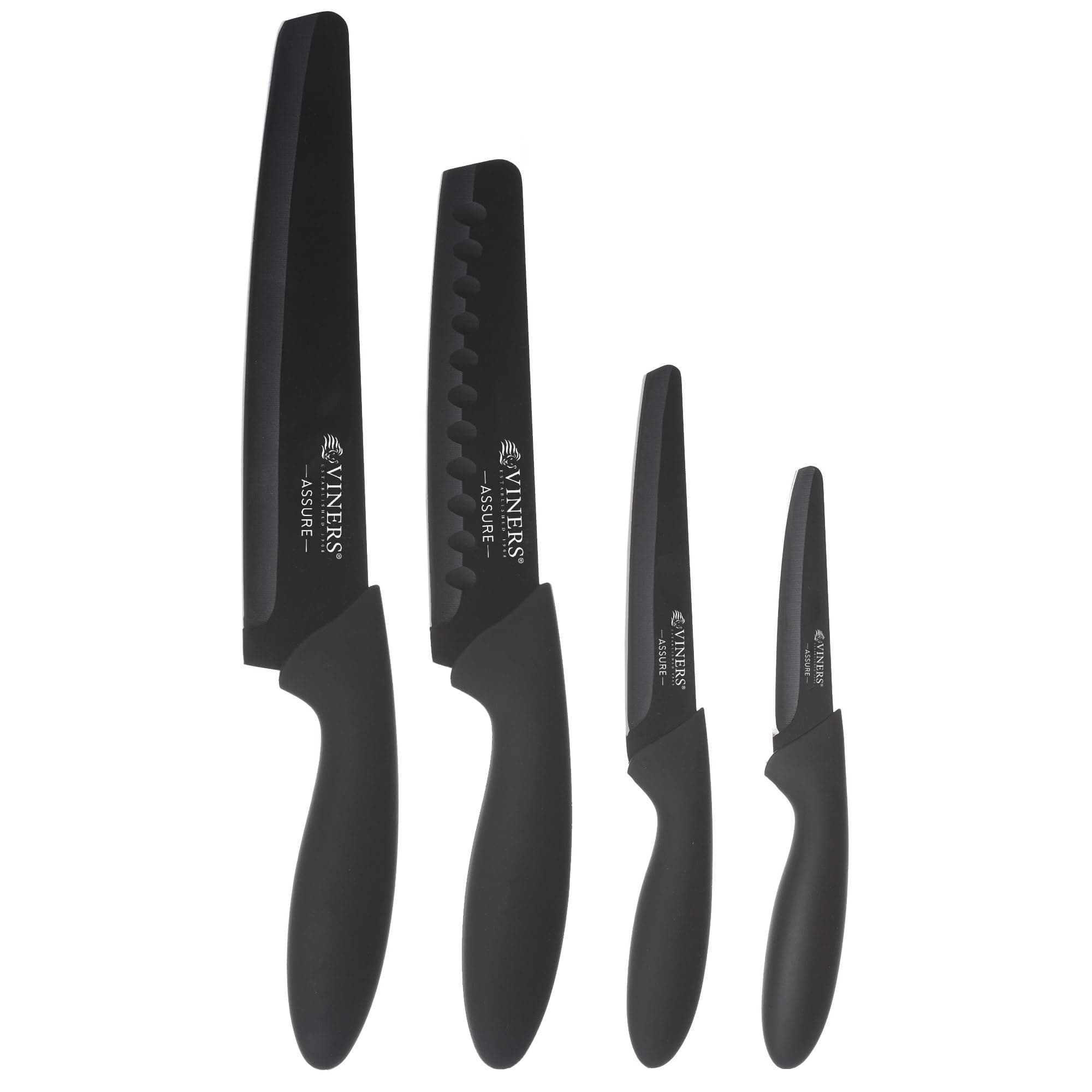 Viners Assure 4 Piece Knife Set Stainless Steel Blades with Squared Tips for Safety, Soft Grip Handles, Non-Stick Coating, Rust-Resistant, Includes Chef’s, Santoku, Utility & Paring Knives