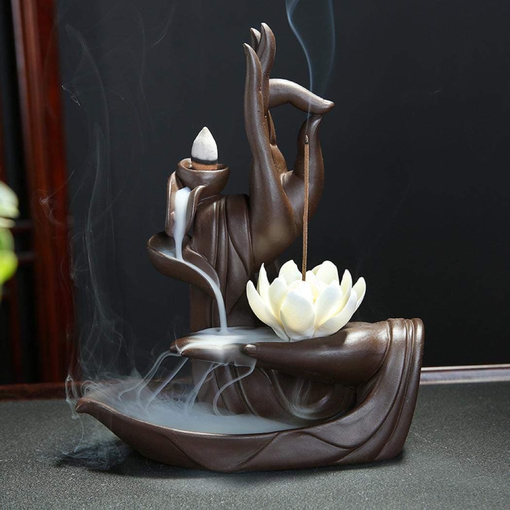 Buddha Incense Burner Handcraft Ceramic Statue Hand Backflow Incense Burner for Home Decor Decoration, with 10 Incense Cones (Lotus)