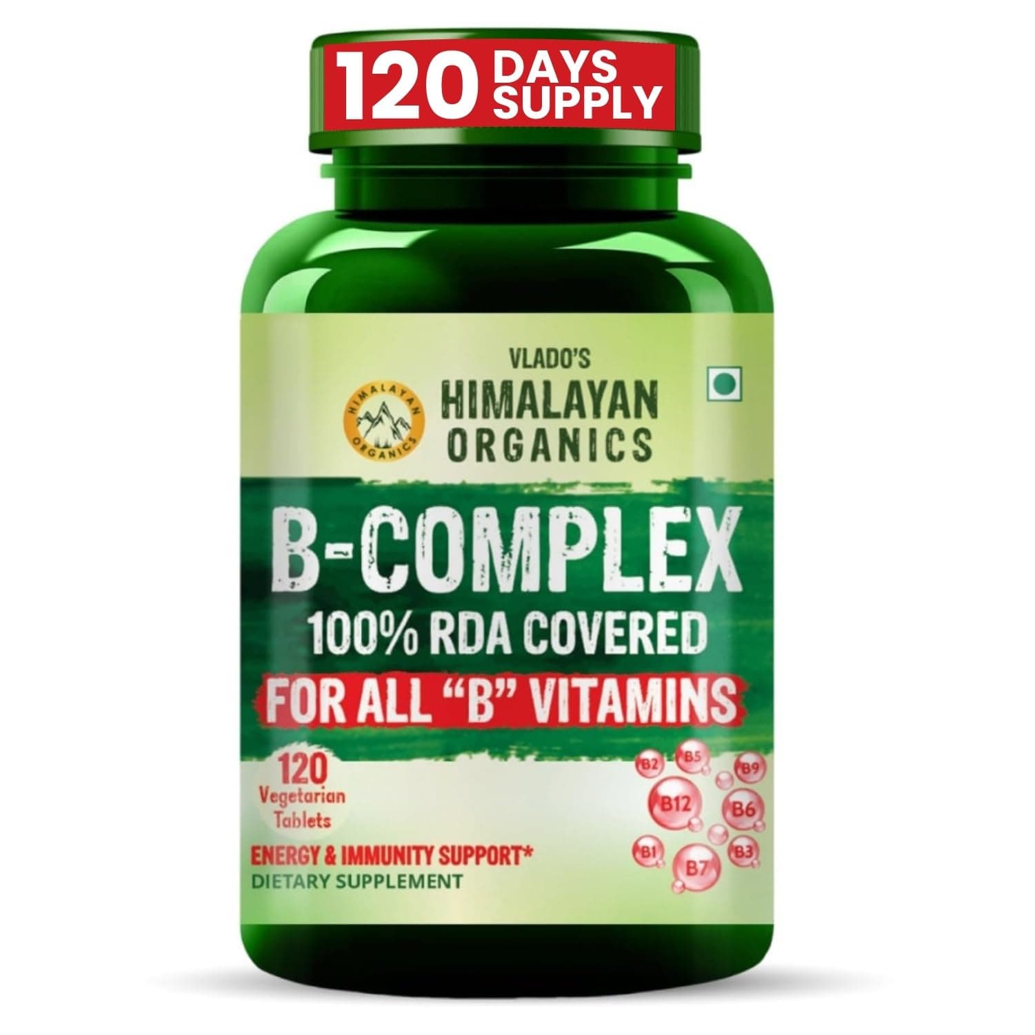 Vitamin B Complex with 100% RDA B1, B2, B3, B5, B6, B7, B9 & B12 | Hair Growth, Energy & Immunity | Youthful Skin - 120 Veg Tablets