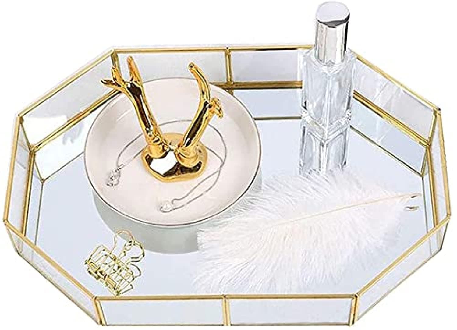Decorative Metal Mirror Catchall Tray, Glass Vanity Tray, Dresser Tray, Jewelry Display Tray, Vanity Organizer for Accent Table, Gold Leaf Finish, 12.4x8.5x2 inches (Polygon)