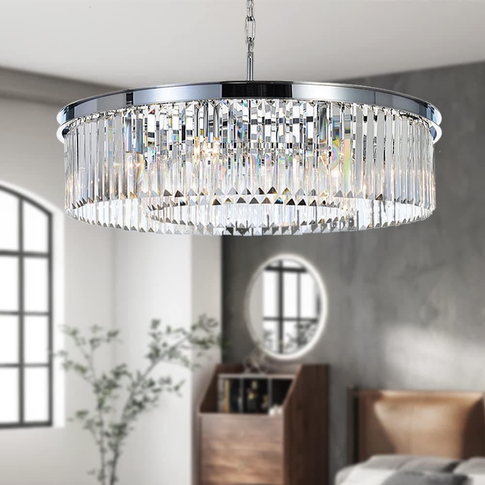 Crystal Chrome Chandelier Modern Chandeliers Lighting Pendant Ceiling Light Fixture 2-Tier for Dining Room Living Room Kitchen Island W21.6
