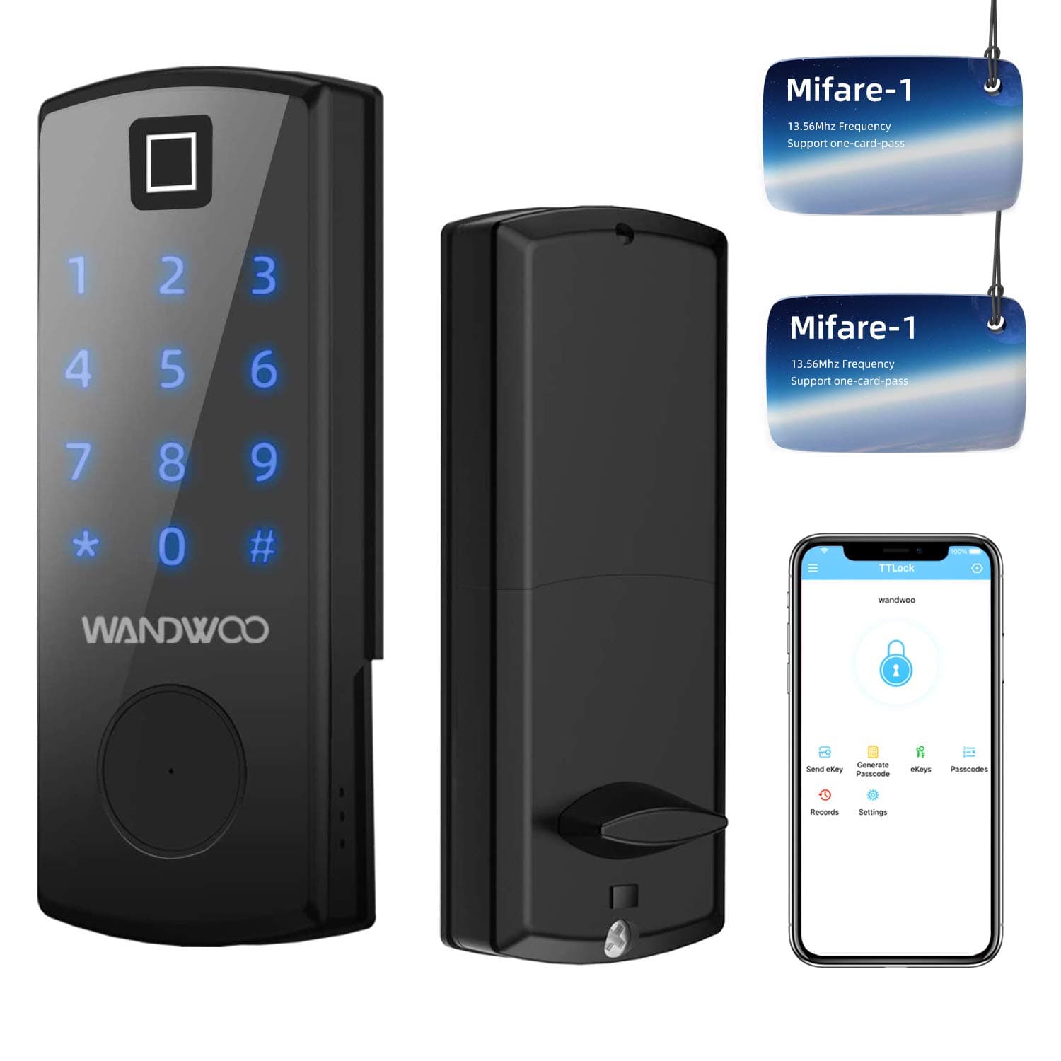 【2020 New 5-in-1】Fingerprint Lock, Wandwoo Smart Door Lock with Bluetooth Secure Finger ID Card Swipe Mechanical Keys Enabled Anti-peep Code Auto Lock Free APP for Home Office