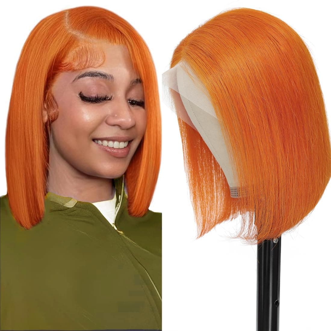 Ginger Orange Bob Lace Front Wigs Human Hair 13x4 HD Transparent Lace Frontal Wigs Pre Plucked Short Bob Wig Straight Wig with Baby Hair #350 Natural Hairline for Black Women 180% Density 10 Inch