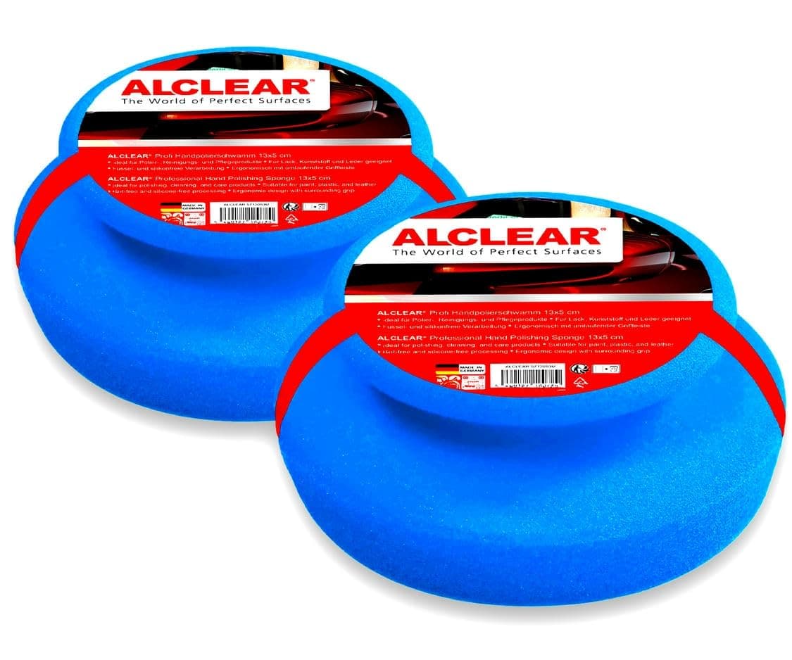 ALCLEAR 5713050M_2 Hand Polishing Sponge 2-Pack, Car Polishing Sponge for Paint Care & Sealant, Soft Pad for Applying Polish & Wax, Paint-Friendly, Washable & Reusable, Made in Germany