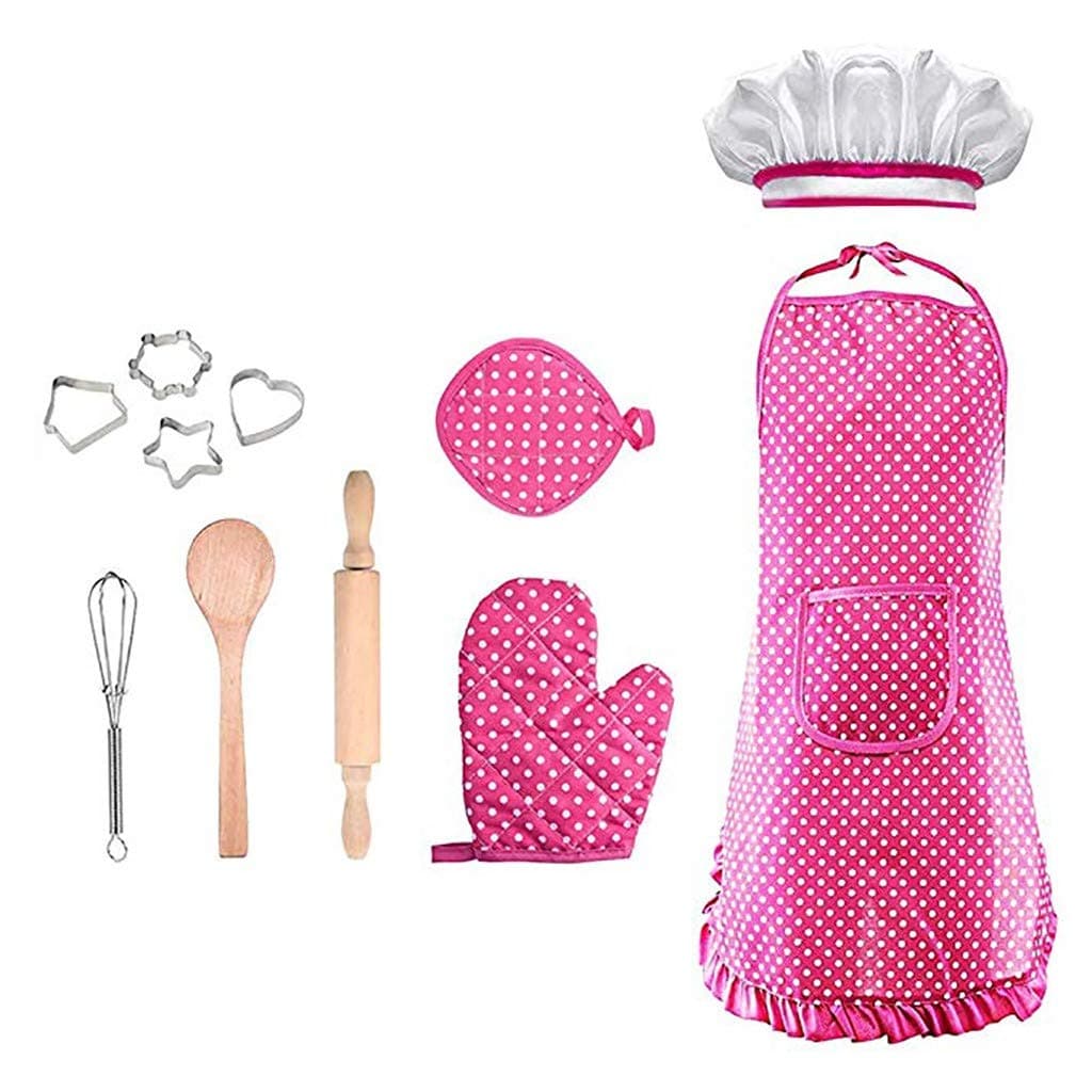Kid Chef Costume Set Apron Hat Hand Mixer Rolling Pin Cookie Cutter Spoon Oven Mitt Cake Baking Set for Cooking Role Play Game Pretend Play (pink, 11pcs)