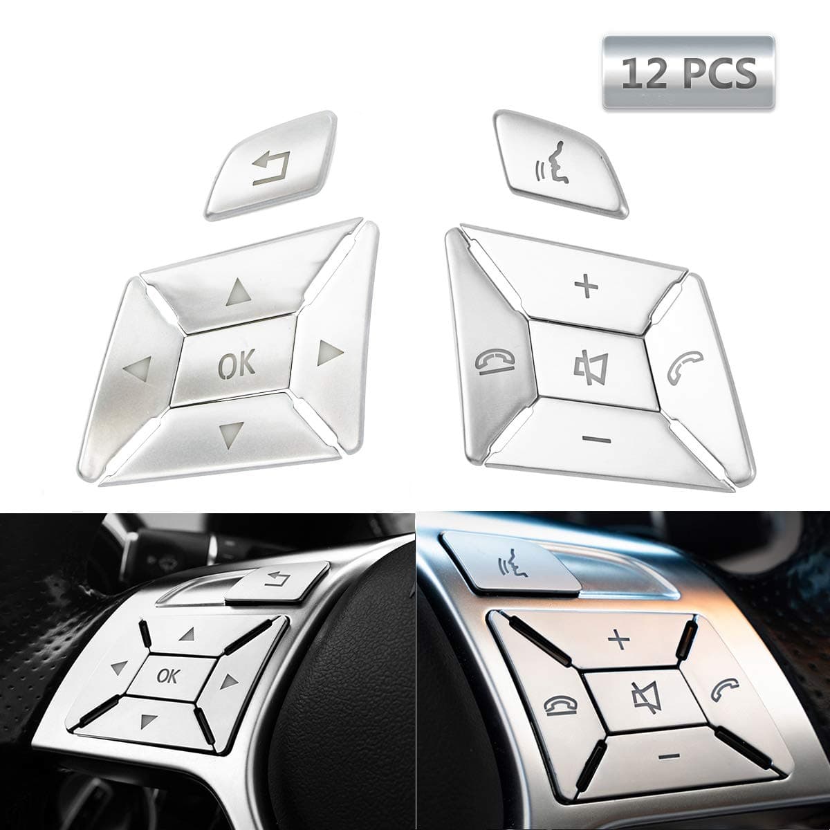 YouVbeen Steering Wheel Button Trim Cover Stickers Inner Car Decoration Fit for Mercedes Benz E C G Class W204 2012-2016 Interior Accessories Silver - 12Pcs