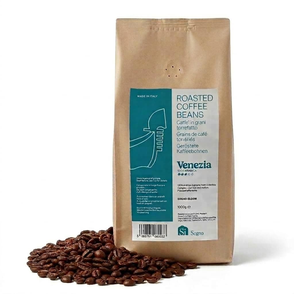 Sogno Coffee Venezia Whole Roasted Beans, Italian Artisanal Coffee, 100% Colombian Arabica, Smooth & Mellow, Low Caffeine; 1kg bag