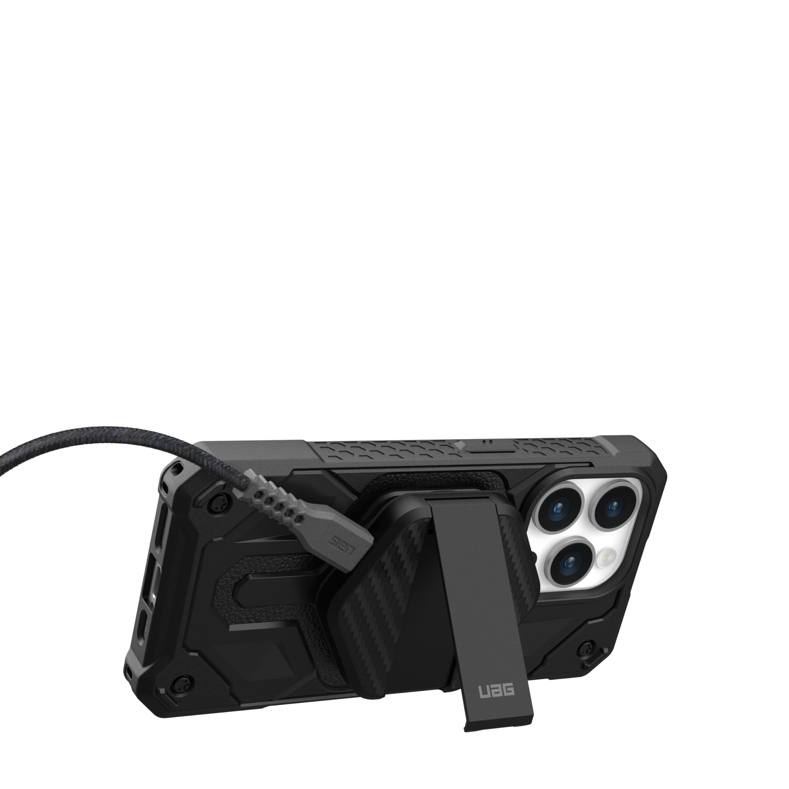 UAG Wireless Charging Pad with Kickstand compatible with MagSafe Case 15W Fast Charger with 4ft Detachable Rugged USB-C to USB-C Cable - Black | Carbon Fiber