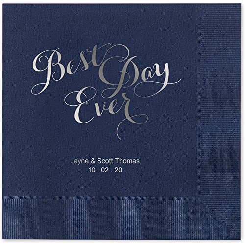 Best Day Ever Personalized Cocktail Beverage Napkins - Canopy Street - 100 Custom Printed Navy Blue Paper Napkins With Choice Of Foil