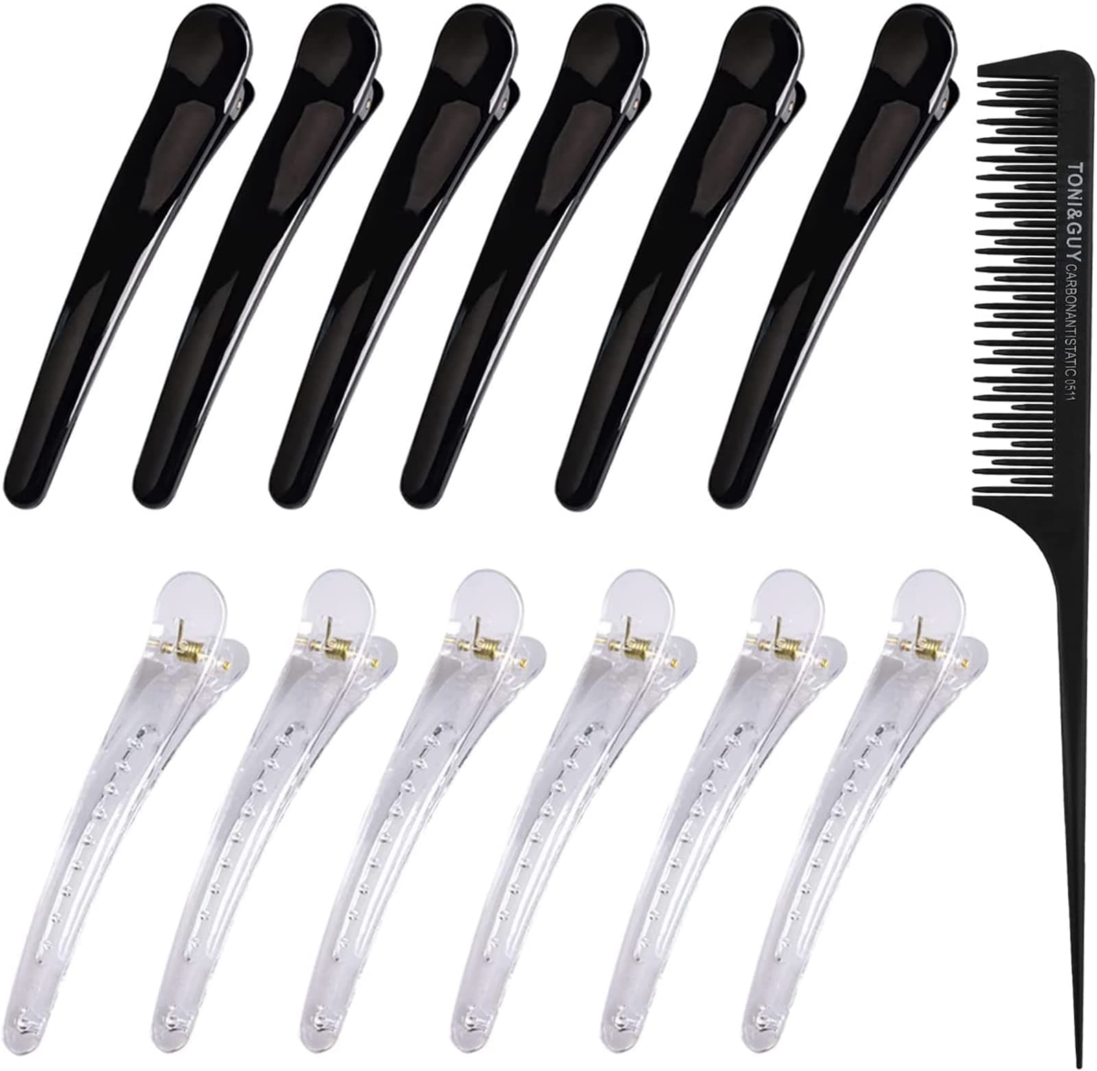 12 PCS Hair Sectioning Clips, Plastic Sectioning Clamps Hairdresser Clips with 1 PCS Tail Comb Hairdressing Styling Salon Tool for Women Girls (Black, Clear)