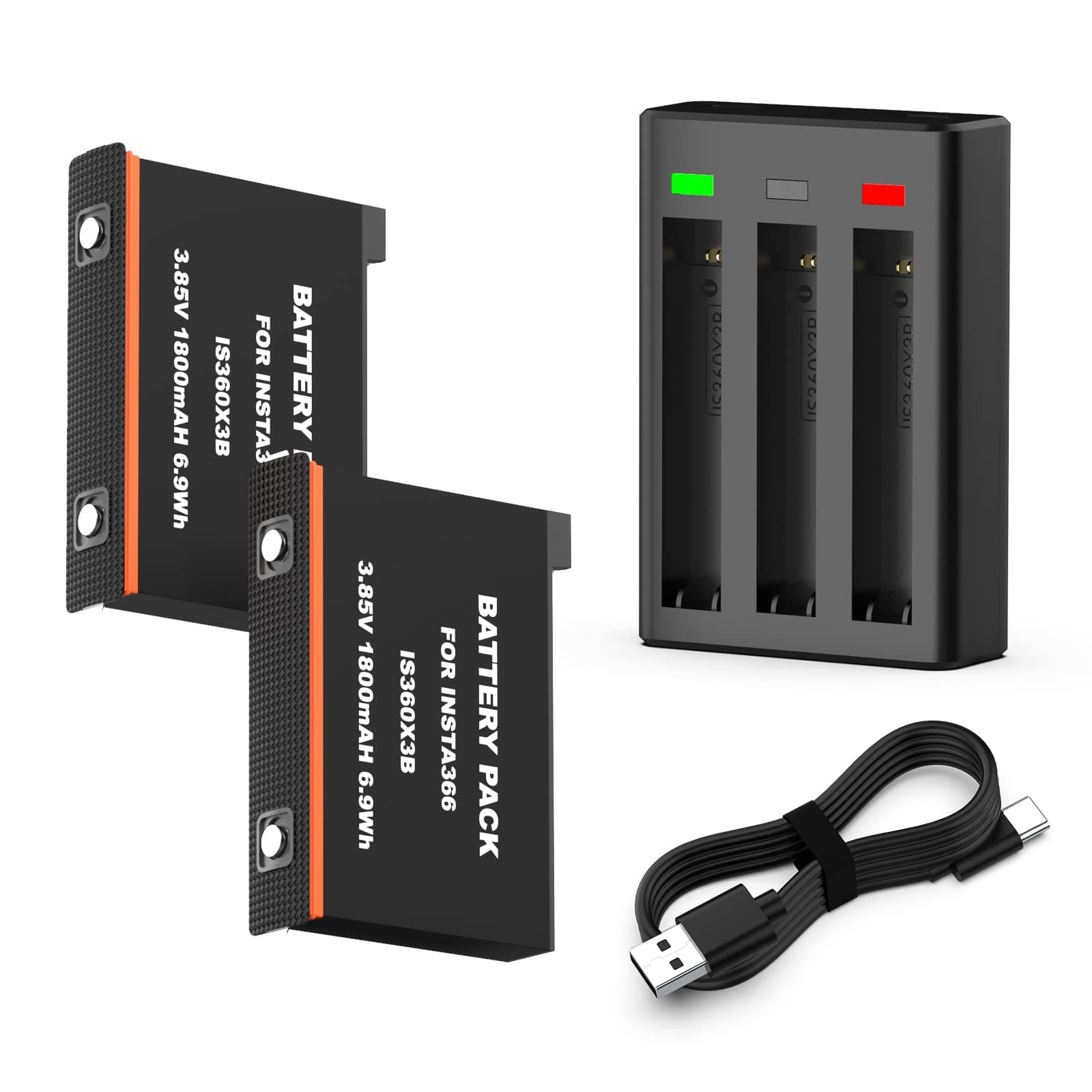 2 Packs insta360 X3 Battery 1800mAh with 3-Channel Fast Charge Hub Bundle and USB Type C Cable Compatible with Insta 360 X3 Action Camera - 3.85V 6.9Wh (4 Items)