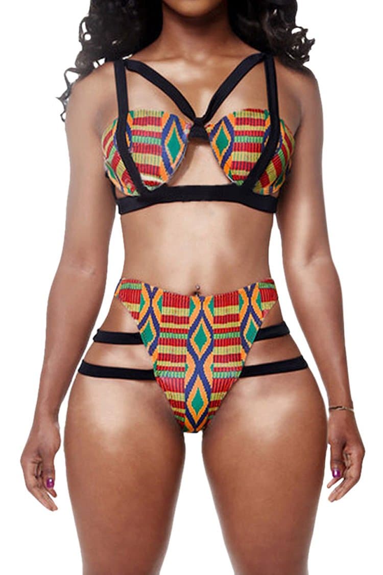 Kisscy Women's Traditional African Print Straps Bandage Cut-Out Bikini Sets