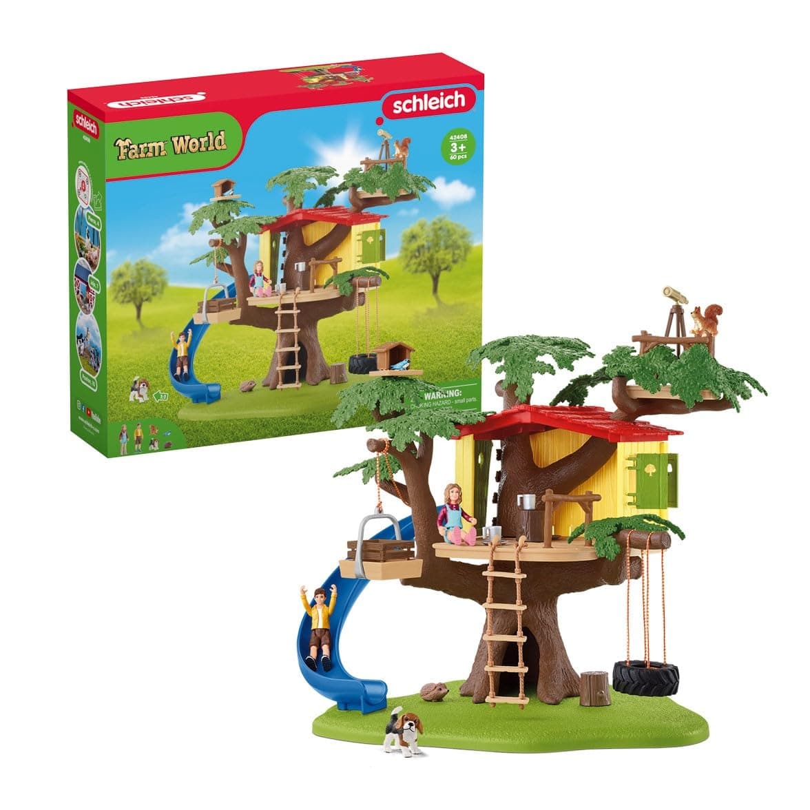 Schleich Farm World - 60PC Adventure Tree House Playset with 2 Child Figurines, Dog and Accessories - Realistic Farm Play Set Figures for Imaginative Play - Toys for Children, Toddlers Ages 3+ - 42408