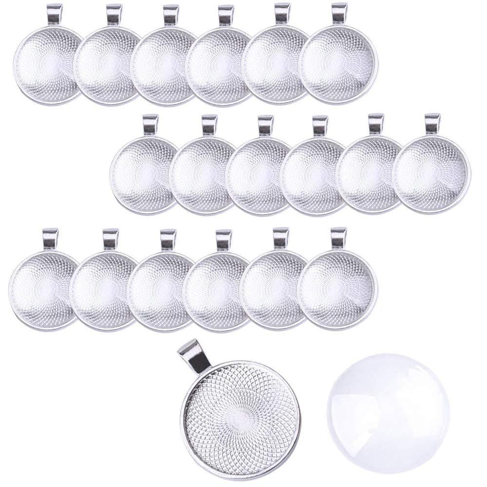 50 Pieces Silver Pendant Trays Round Bezel Round Bezel with 50 Pieces Glass Round Dome Tiles, Totally 100 Pieces