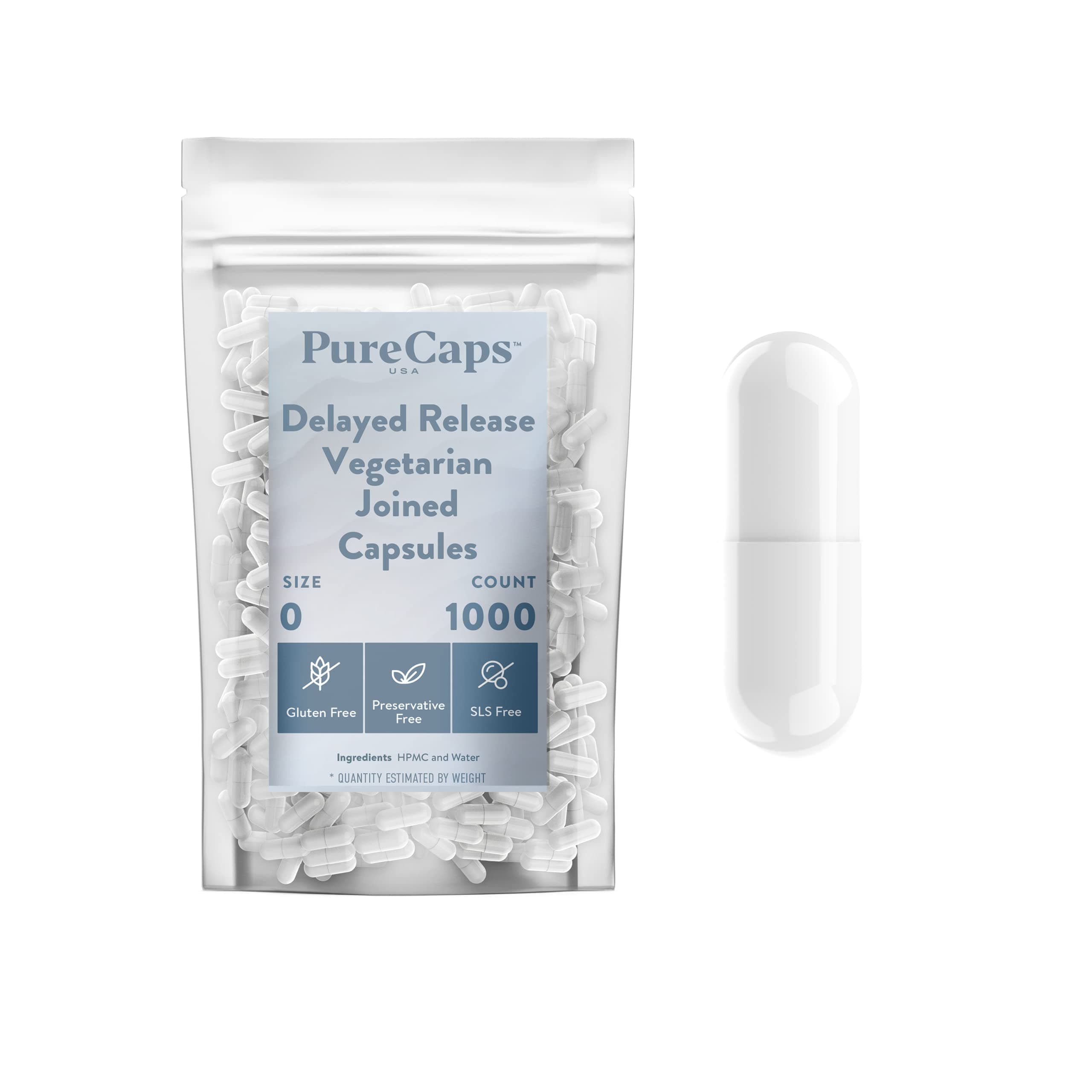 PureCaps USA - Empty Vegetarian and Vegan Delayed Release/Acid-Resistant Capsules Size 0|1,000 Joined Pills| White| Non-GMO Certified | SLS, Gluten, Preservative Free