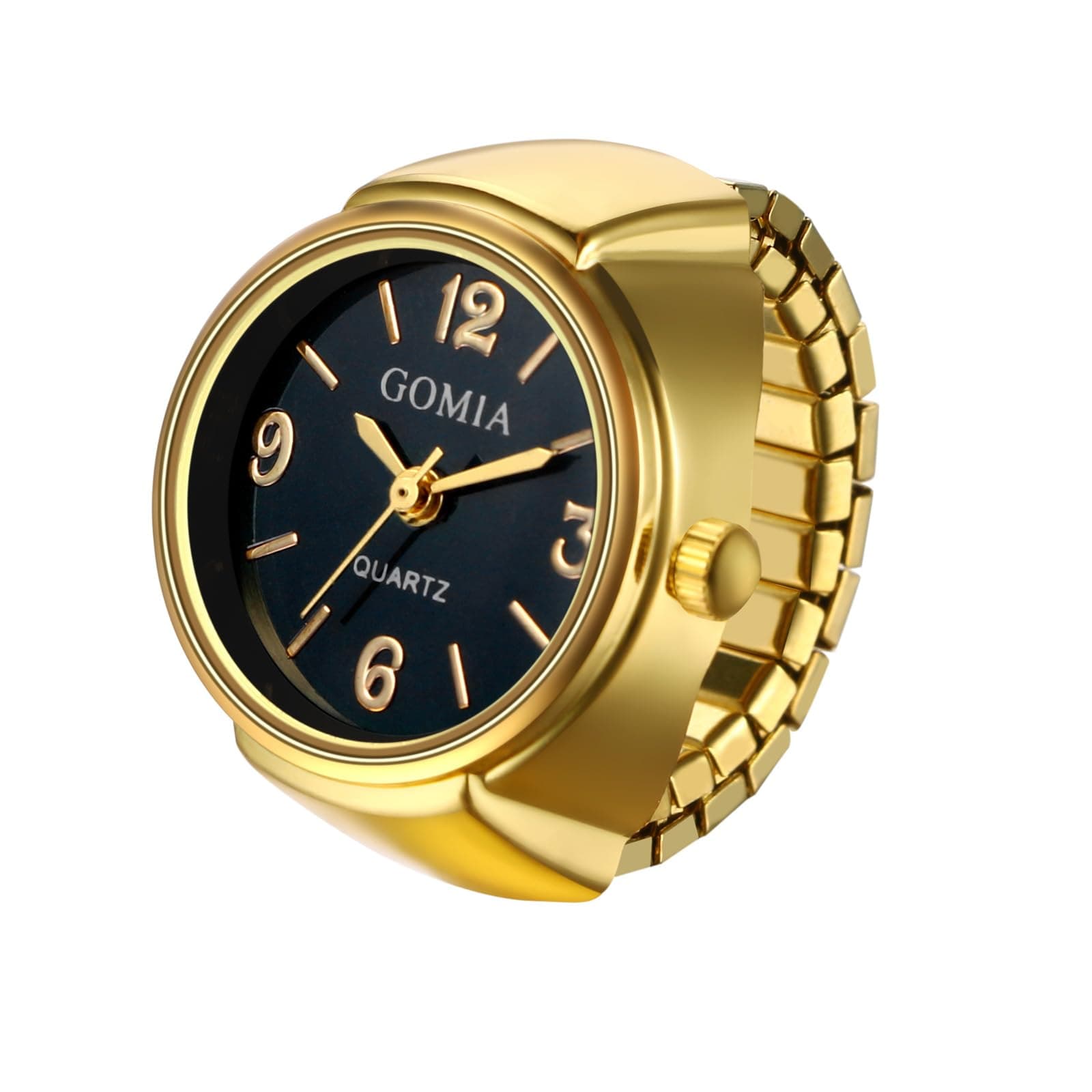 Unisex Finger Ring Watch: Retro Gold Stretchy Elastic Band Men Ladies Round Black Dial Quartz Analogue Lightweight Novelty Watches for Valentine's Day