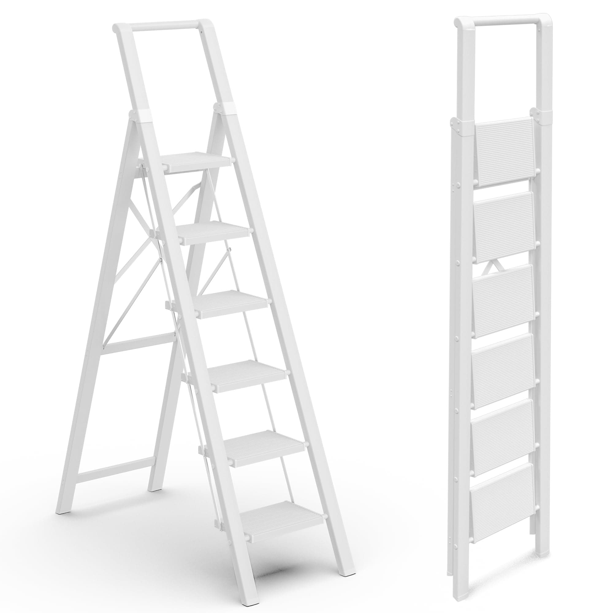 6 Step Ladder for 12 Feet High Ceiling, Lightweight Aluminum Folding Step Stool with Convenient Handgrip, Stepladders with Anti-Slip and Wide Pedal for Home Use Space Saving - White