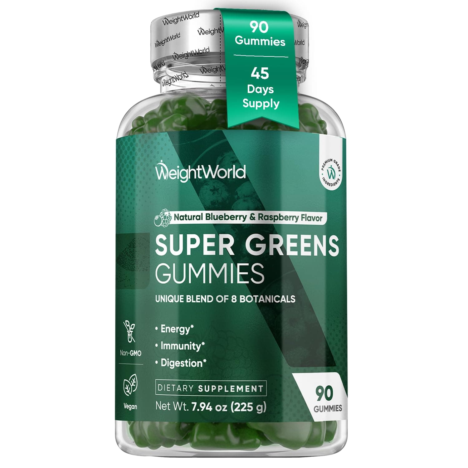 WeightWorld Super Greens Gummies for Adults - 90 Superfood Gummies for Energy, Immunity & Digestion - Vegan Daily Greens Blend (Moringa, Broccoli, Spinach) - Added Vitamins & Minerals - 45 Days Supply