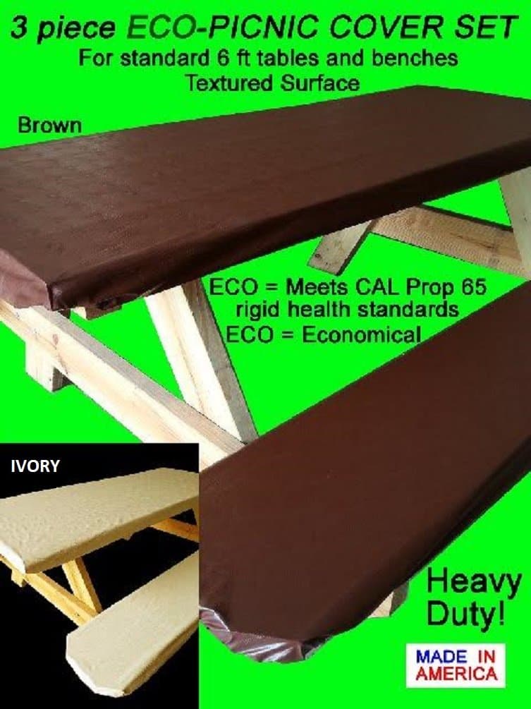 Embossed Pattern Stretch to fit 3 Pc Vinyl Picnic Table Cover fits 6 ft Tables and Benches Off White Cream