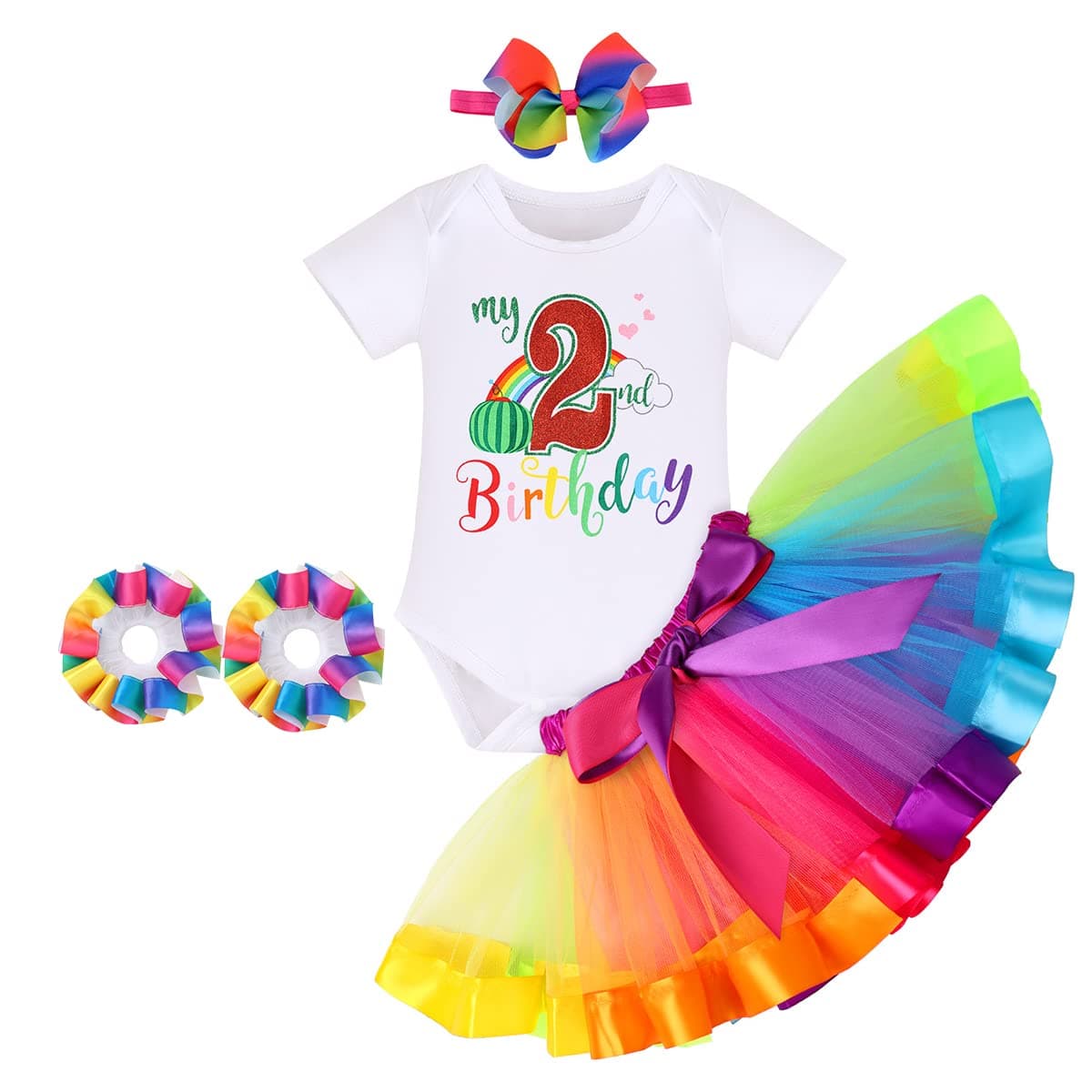 IDOPIPWatermelon 1st Birthday Outfit for Baby Girls Romper Rainbow Tutu Skirt Headband Summer Clothes Cake Smash Photo Shoot