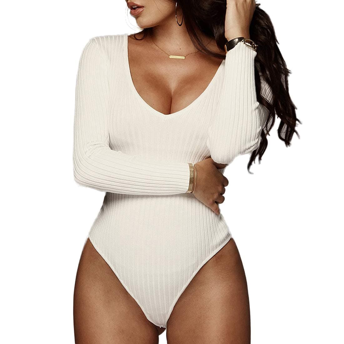 Women Bodysuits Jumpsuits Deep V Neck Long Sleeve Bodycon Stretch Jumpsuit Leotard Bodysuit Tops