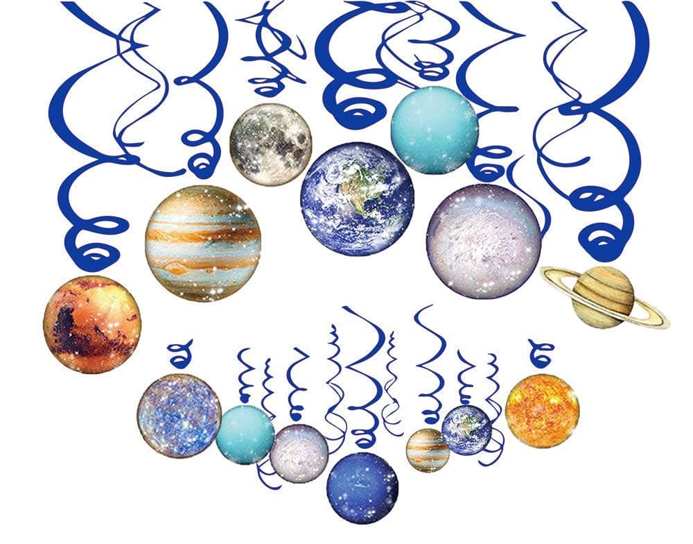 LIKSpace Party Decorations, Solar System Hanging Swirls, Space Decorations for Party, 30PCS Spiral Streamers for Galaxy Planet Themed Party, Foil Ceiling Ornaments for Kids Birthday Decorations