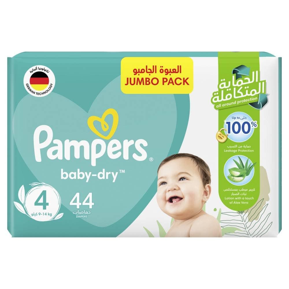 Pampers Baby-Dry Taped Diapers with Aloe Vera Lotion, up to 100% Leakage Protection, Size 4, 9-14kg, 44 Count