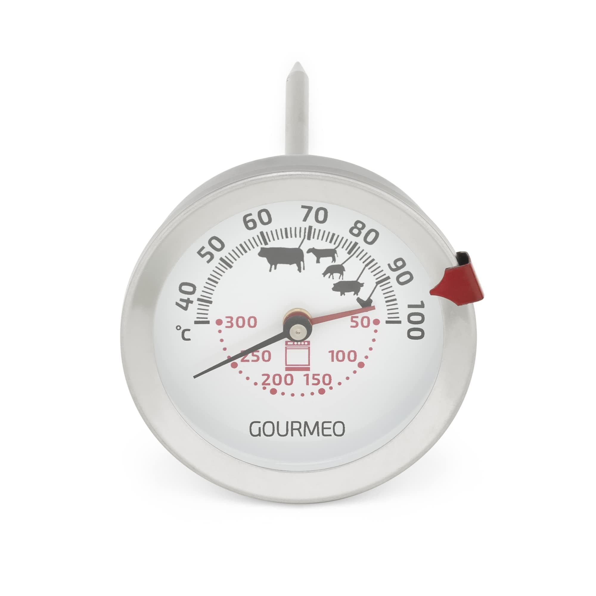 GOURMEO2-in1 Meat Thermometer - Stainless Steel Gauge for Fan Gas or Electric Ovens - for Meats and In Oven Temperature - Analogue 100 Degree Celsius Display